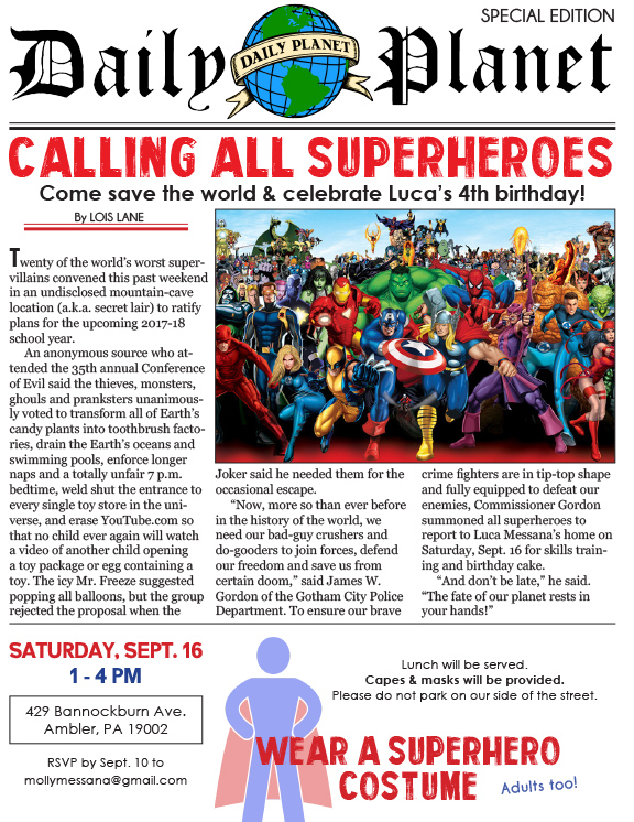 Calling all superheroes: Come save the world and celebrate Luca's fourth birthday!